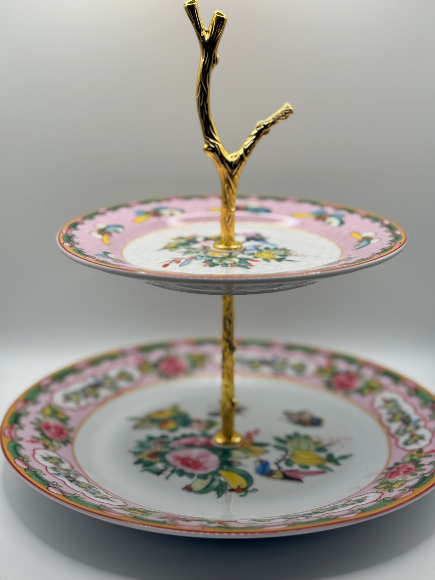 Famille Rose Pink Rim Two Tiered Stand (9.5” base)