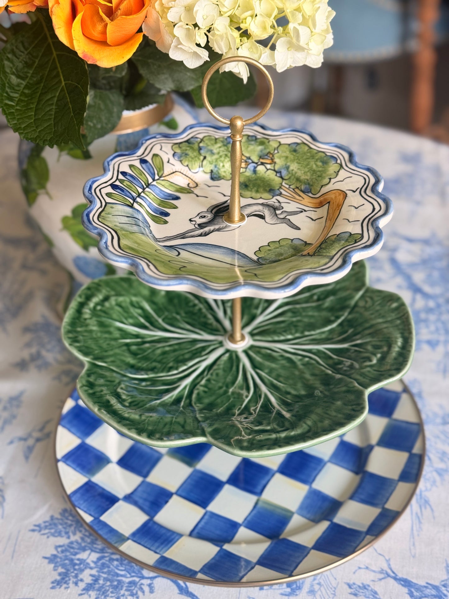 Le Lapin, Bordallo Cabbage and Mackenzie Childs Blue Check Three Tiered Stand (13” base)
