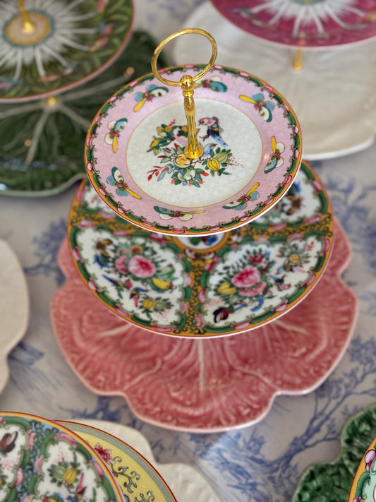 Pink Bordallo Cabbage and Famille Rose Three Tiered Stand