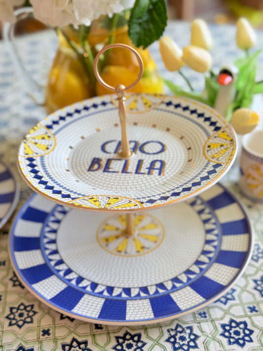 Bistro Tile Italia Two-Tiered Stand | Blue and White Decorative Serving Stand | 10.5-Inch Base