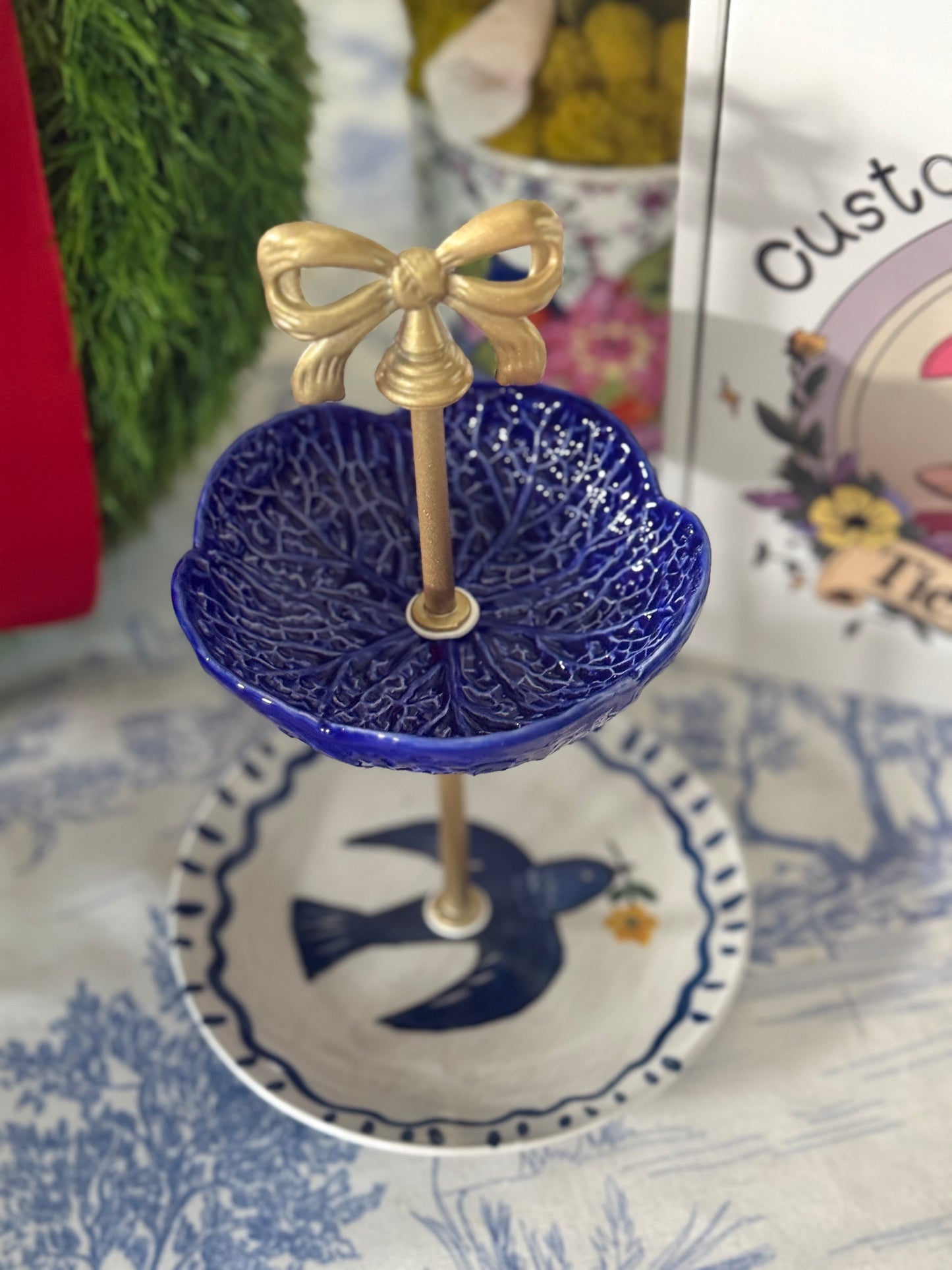 Blue Bird and Blue Cabbage Petite Tiered Stand