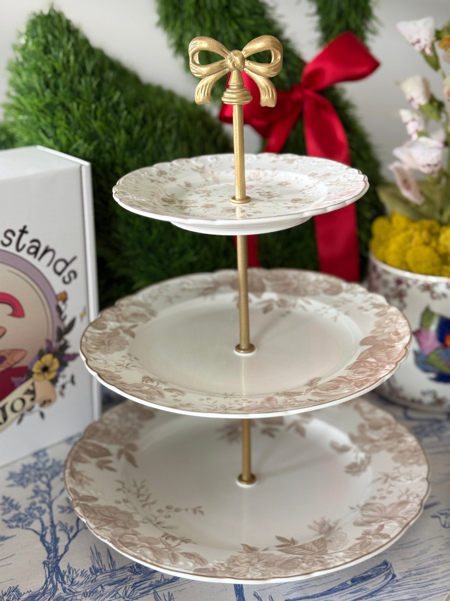LoveShackFancy Neutral Three Tiered Serving Stand- Perfect for Fall! (Small Flowers)