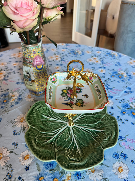 Bordallo Cabbage Dinner Plate & Williams Sonoma Famille Rose Dip Bowl Two Tiered Stand