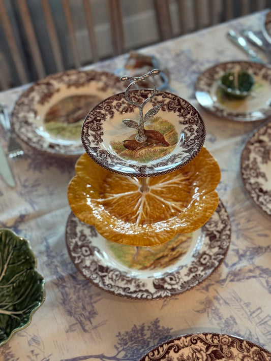Spode Woodland and Vintage Bordallo Honey Gold Three Tiered Stand