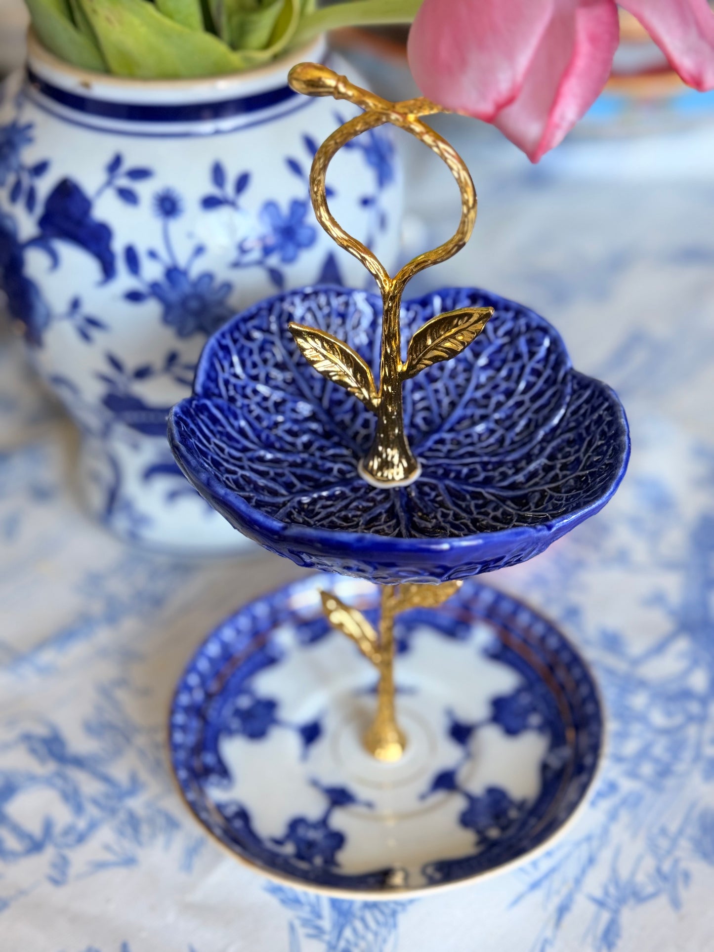 Antique Flow Blue & Blue Cabbage Petite Tiered Stand