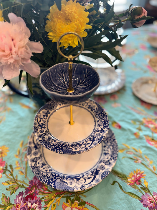 Spode Brocato & Blue Cabbageware Three Tier Stand – Elegant Blue and White Tray