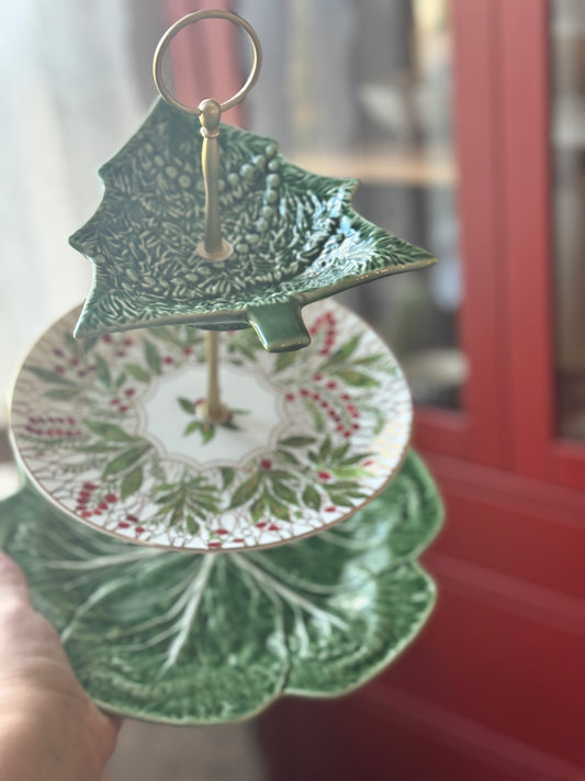 Bordallo Christmas Tree Three Tiered Stand-Dinner Size Cabbage Base