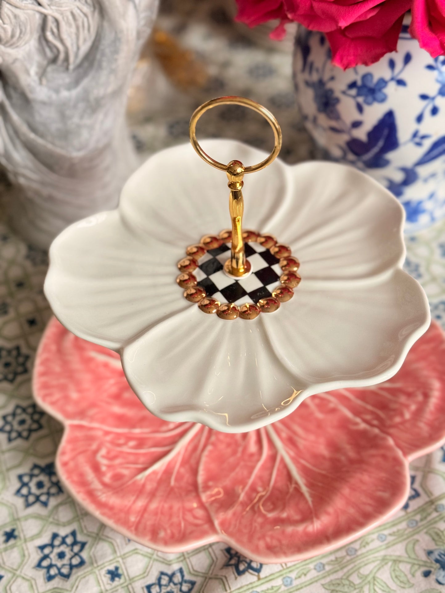 Mackenzie Childs and Pink Bordallo Cabbage Two Tiered Stand