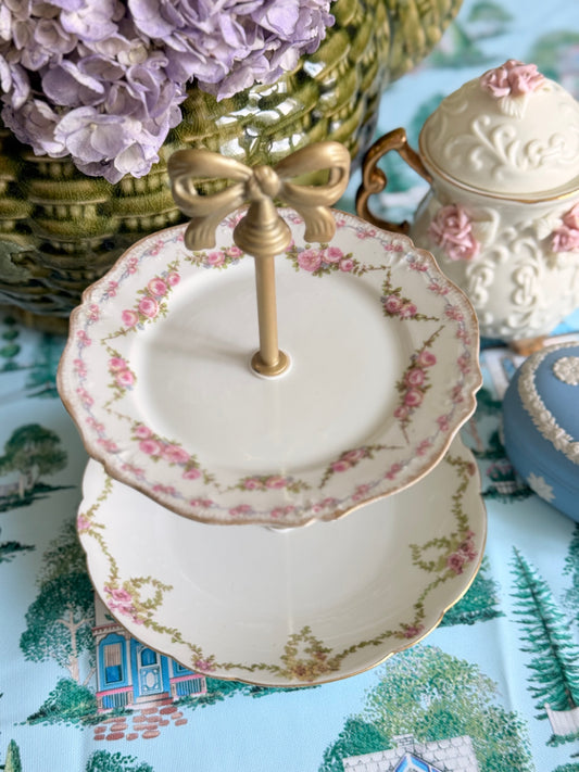 Vintage French Limoges Petite Tiered Stand - Rose Garland