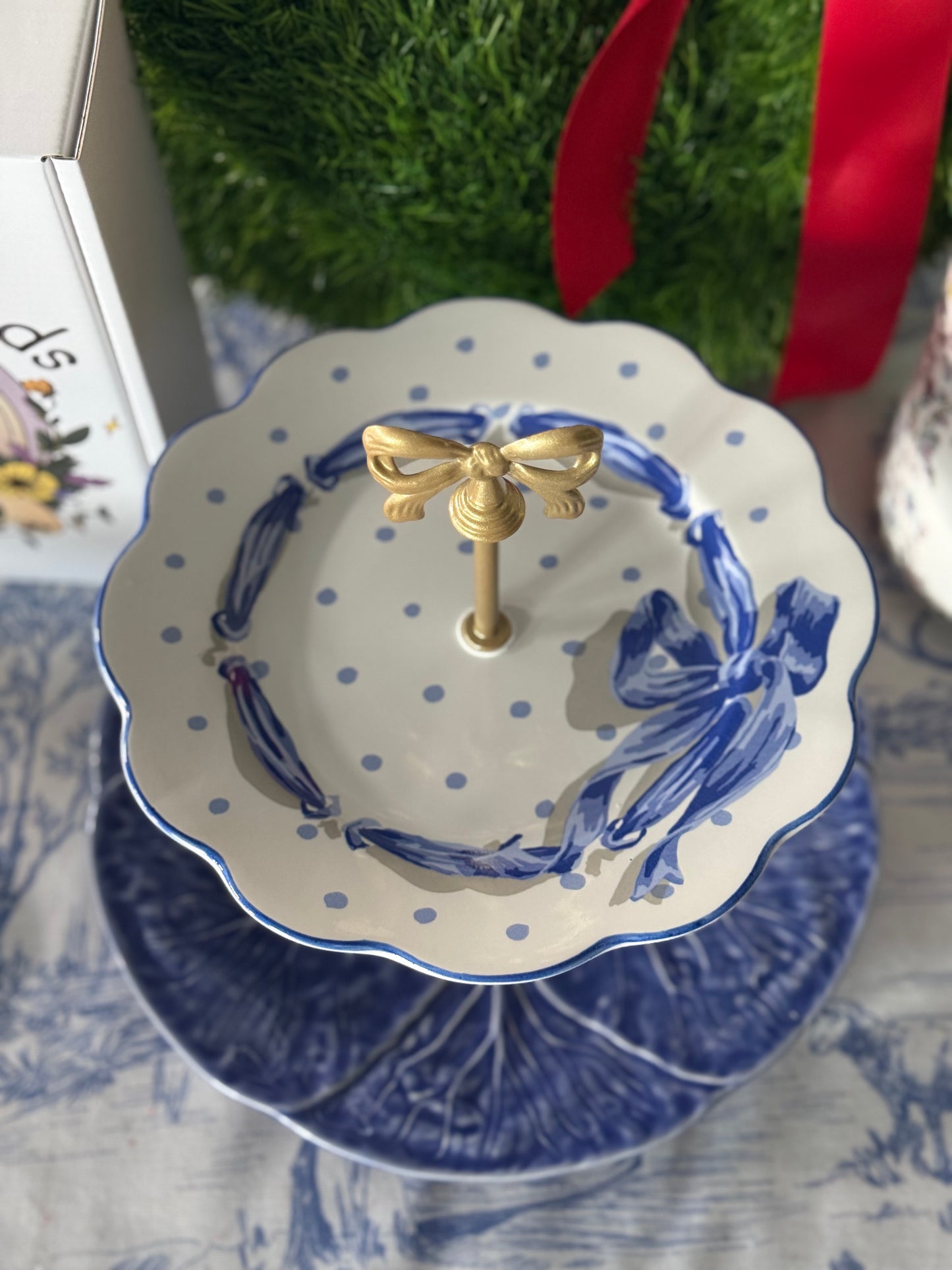 Blue Cabbage and Blue Bow Two Tiered Serving Stand