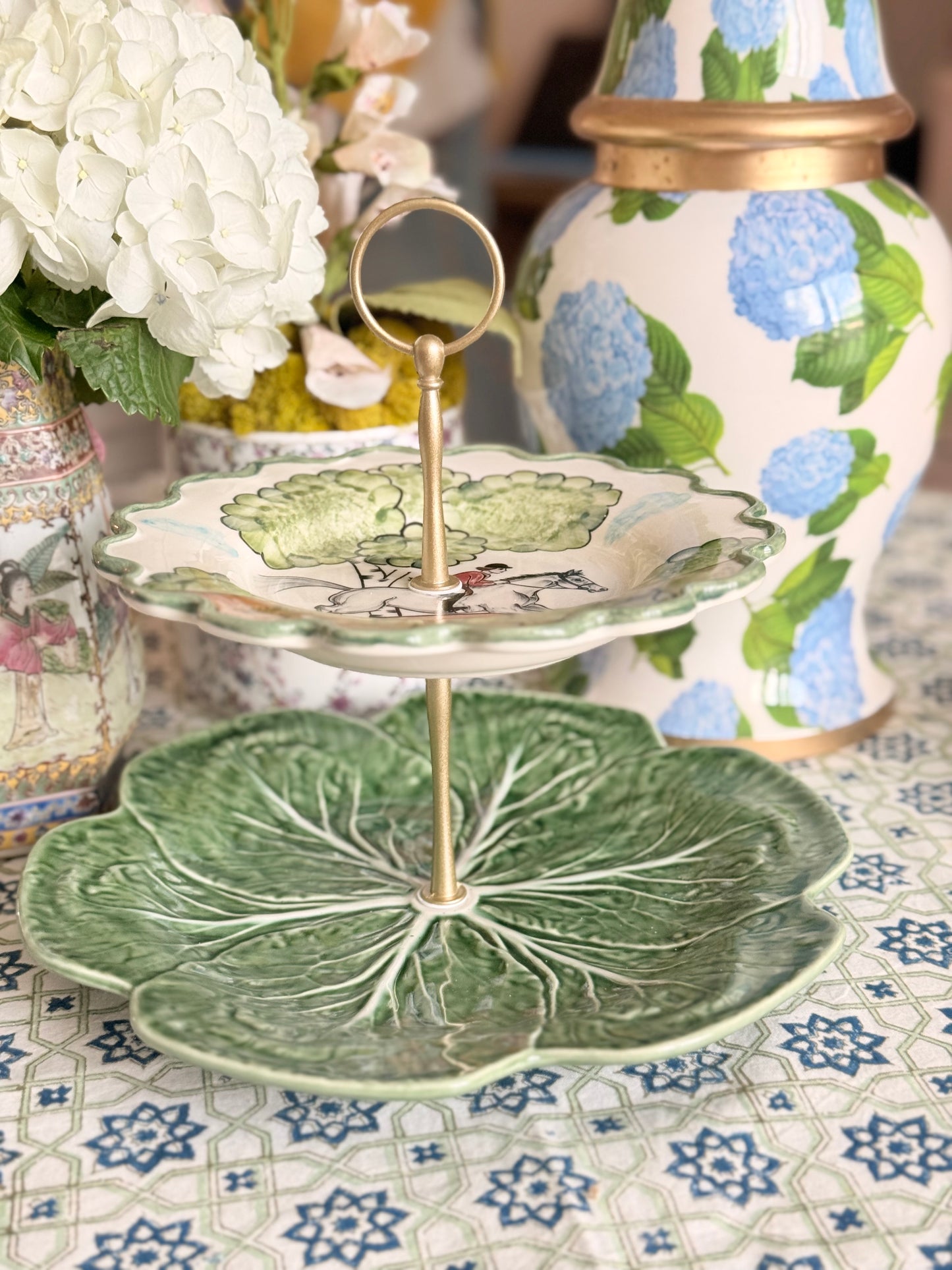 C.E. Corey Perfect Day & Bordallo Cabbage Tiered Stand | Green Equestrian Serving Stand