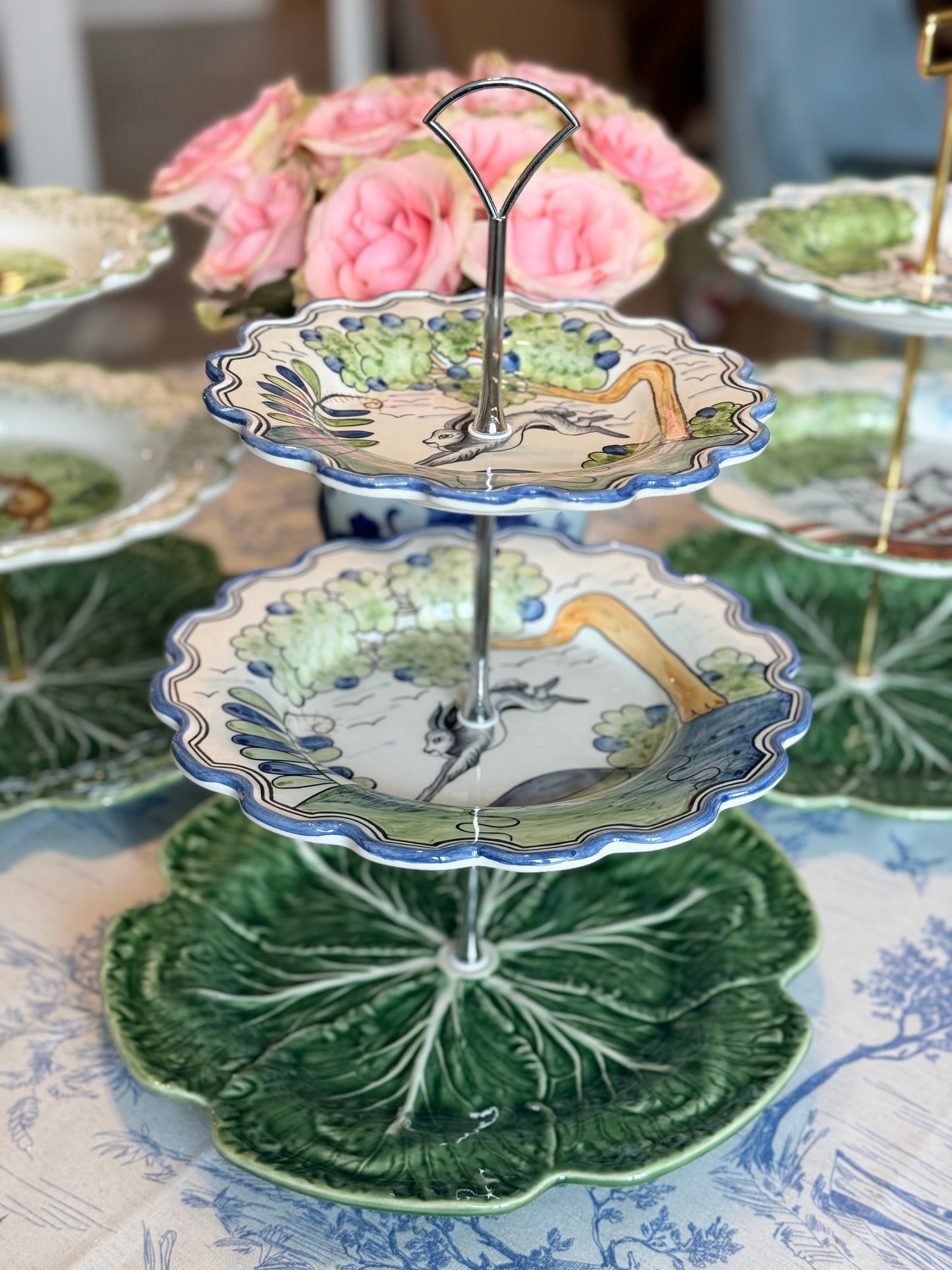 CE Corey Le Lapin and Bordallo Green Cabbage Three Tiered Stand