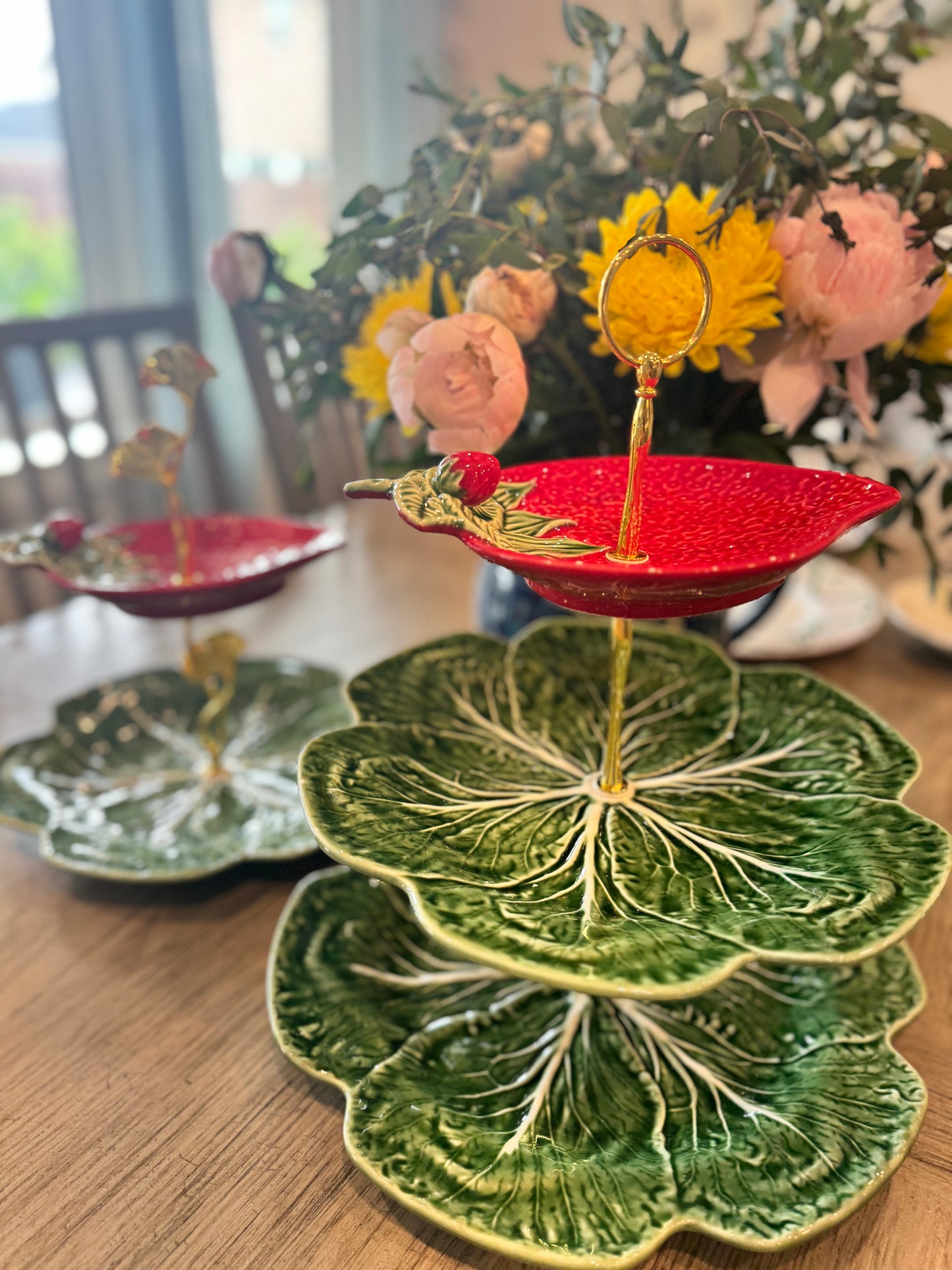 Three Tier Bordallo Cabbage Stand with Strawberry Plate – Handcrafted Botanical Serving Tray