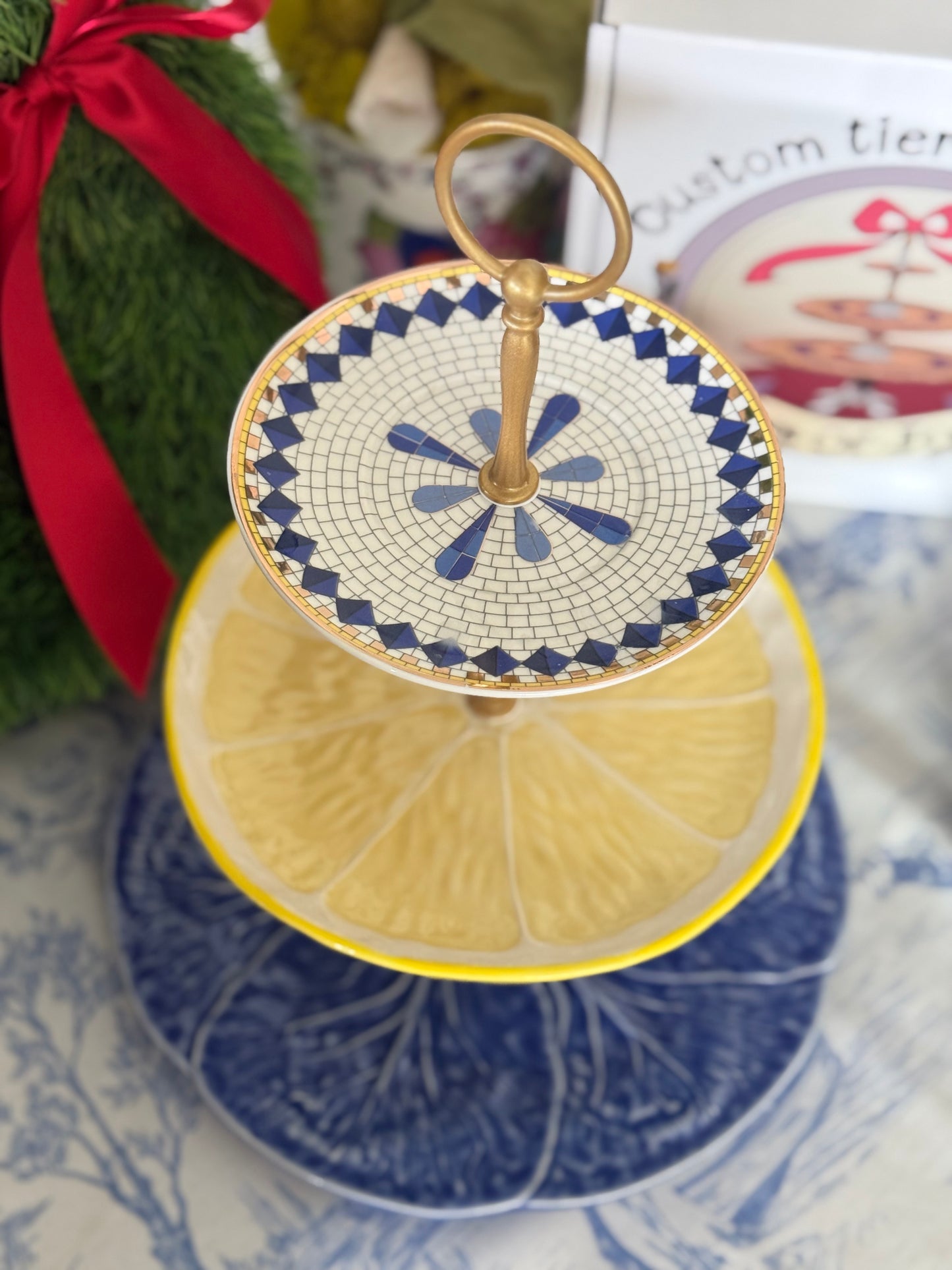 Blue Cabbage and Bordallo Lemon Three Tiered Stand