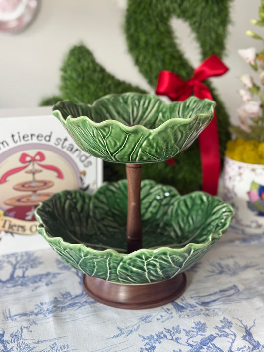 Bordallo Pinheiro Green Cabbage Tiered Stand with Artisan Wood Base | Elegant Fruit Stand & Kitchen Counter Decor (12.5” base bowl)