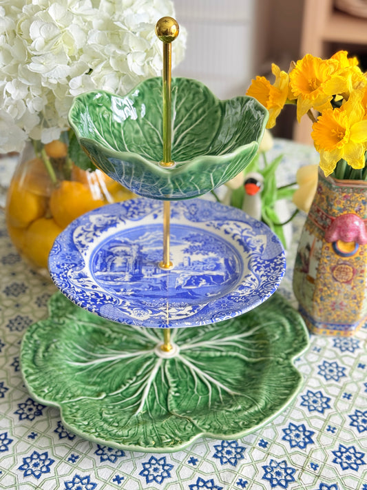 Spode Blue Italian and Bordallo Cabbage Three Tiered Stand