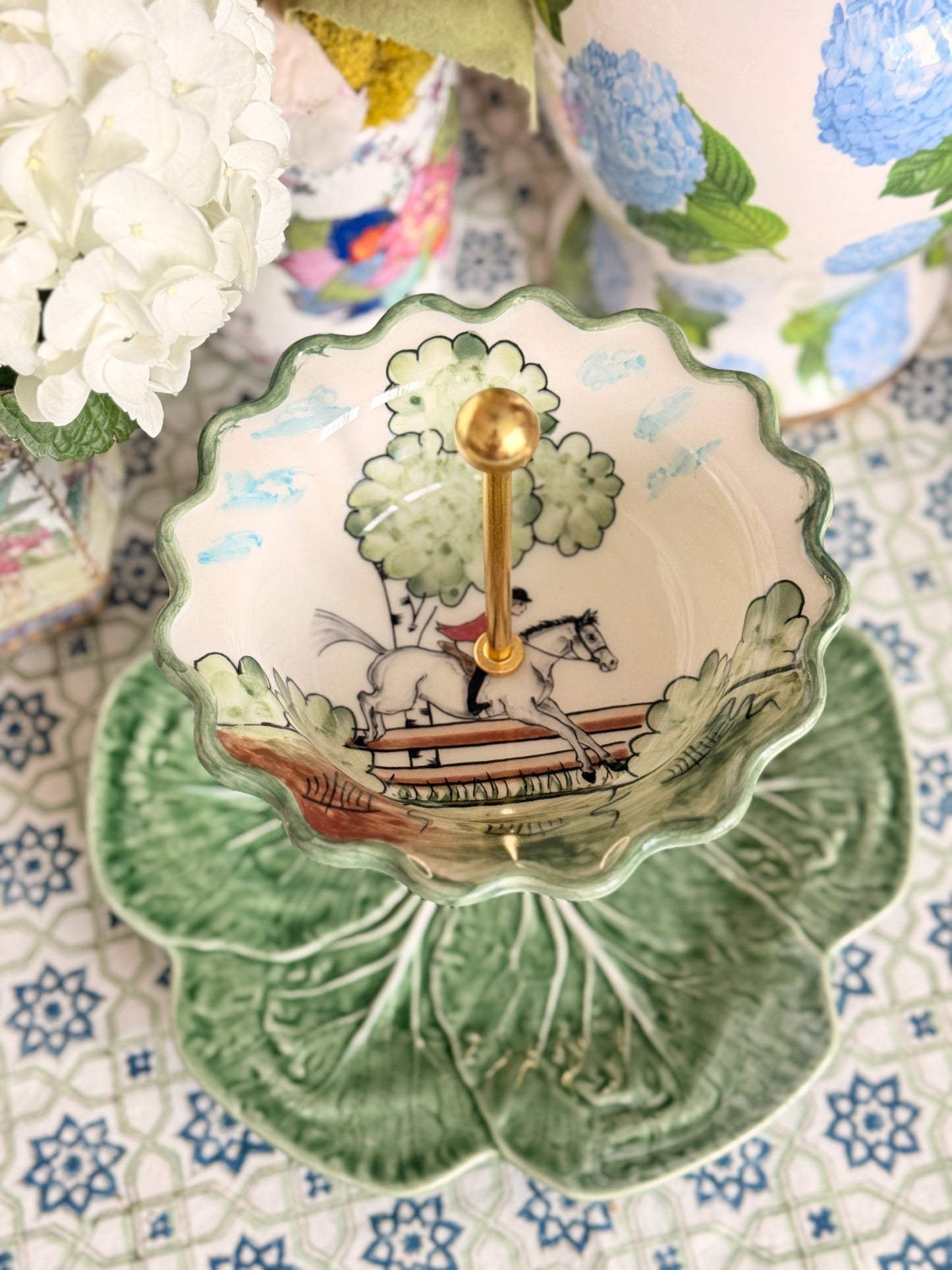 C.E. Corey Perfect Day Bowl & Bordallo Cabbage Tiered Stand | Green Equestrian Serving Stand