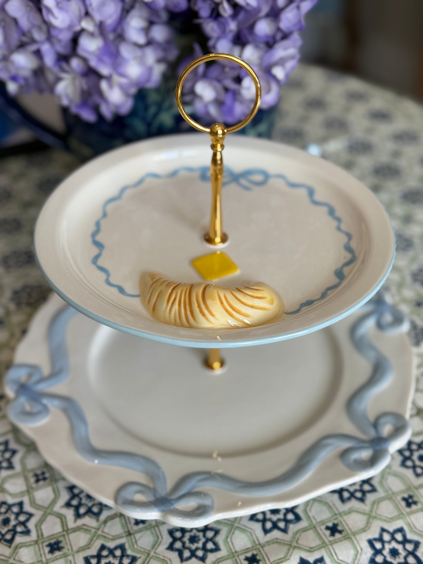 Anthropologie Blue Benedita Bows Two-Tier Tiered Stand with Croissant Plate | French-Inspired Dessert Stand