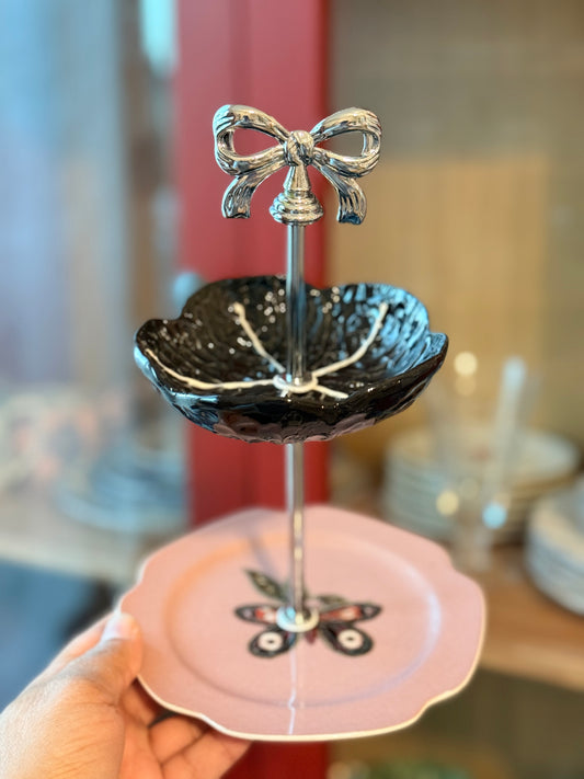 Petite Tiered Stand with Black Portuguese Cabbage Bowl and Butterfly Plate