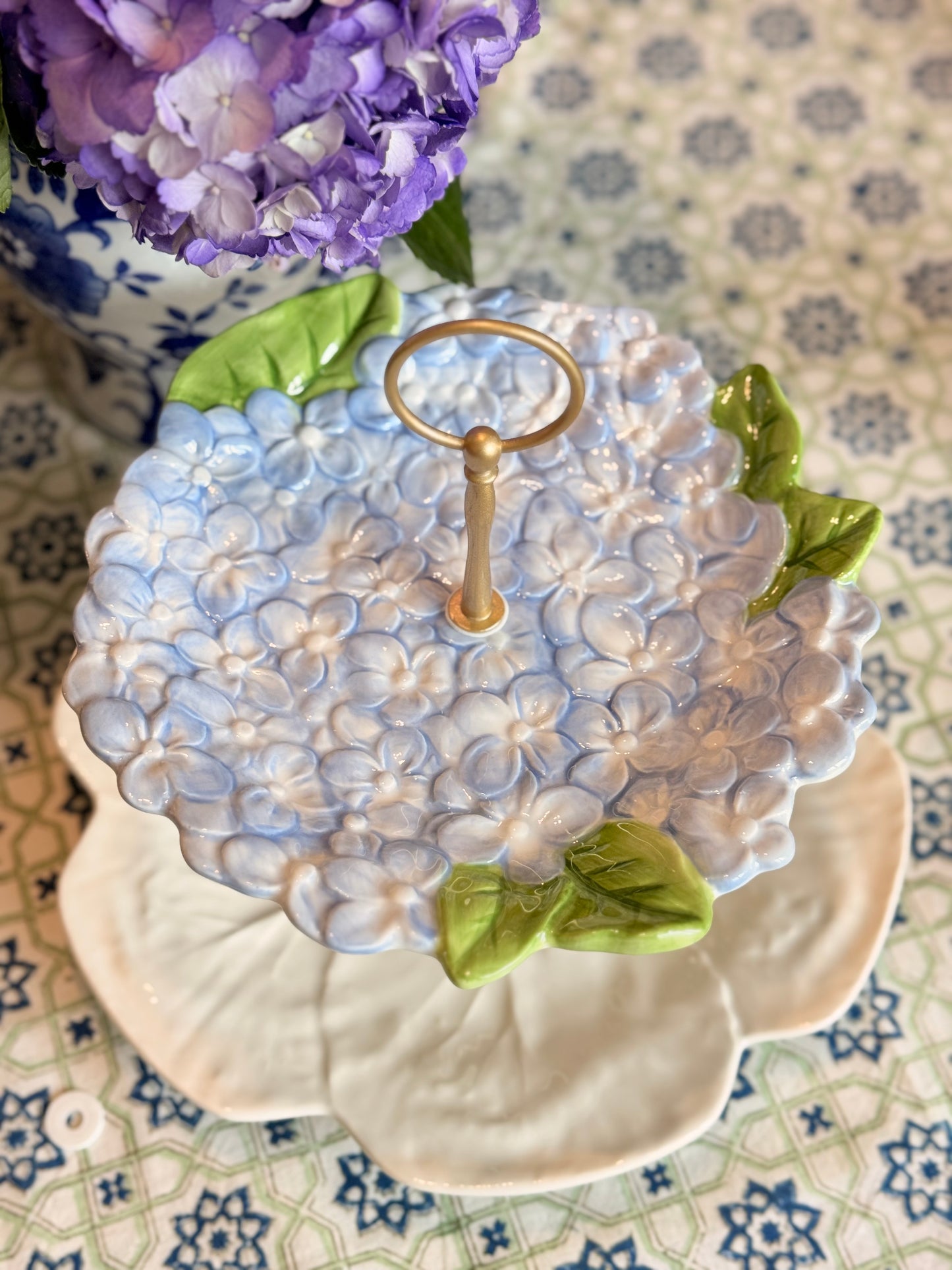 Bordallo Beige Cabbage and Hydrangea Two Tiered Stand | Blue Floral Serving Stand