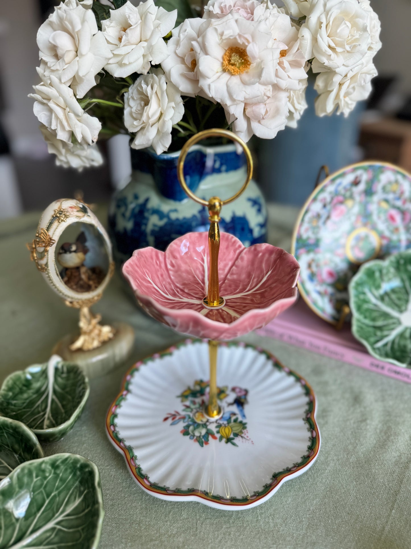 Pink Bordallo Pinheiro Cabbage and Famile Rose Petite Tiered stand