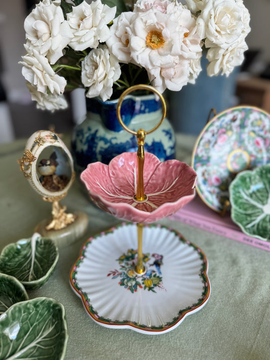 Pink Bordallo Pinheiro Cabbage and Famile Rose Petite Tiered stand
