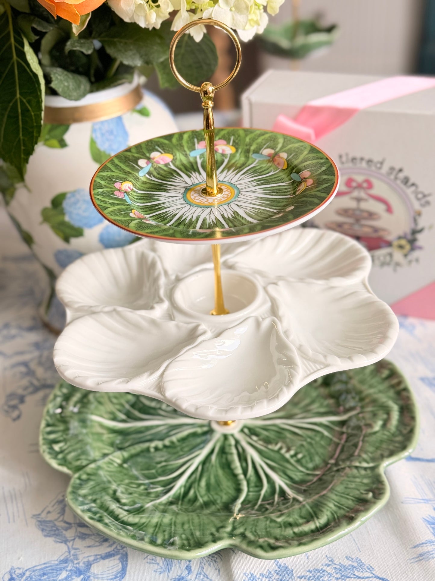 Grandmillennial Garden Statement Stand with Bordallo Cabbage, Oyster Plate & Green Bok Choy