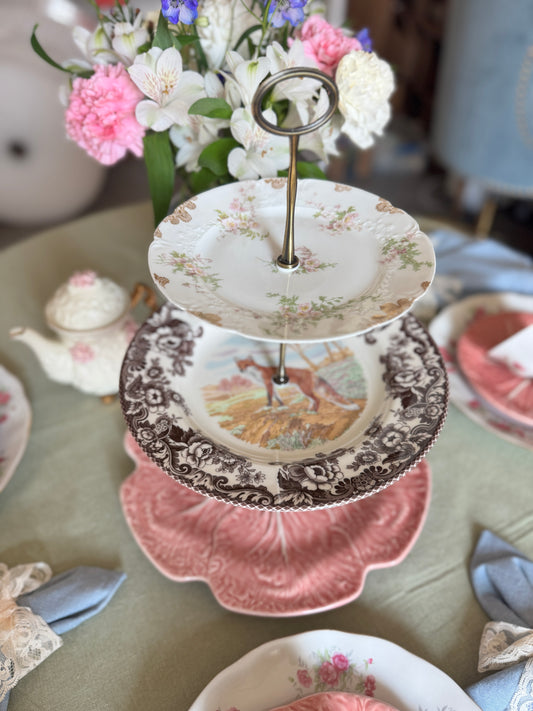 Handcrafted Tiered Stand – Limoges France, Spode Woodland Fox, and Pink Bordallo Charger