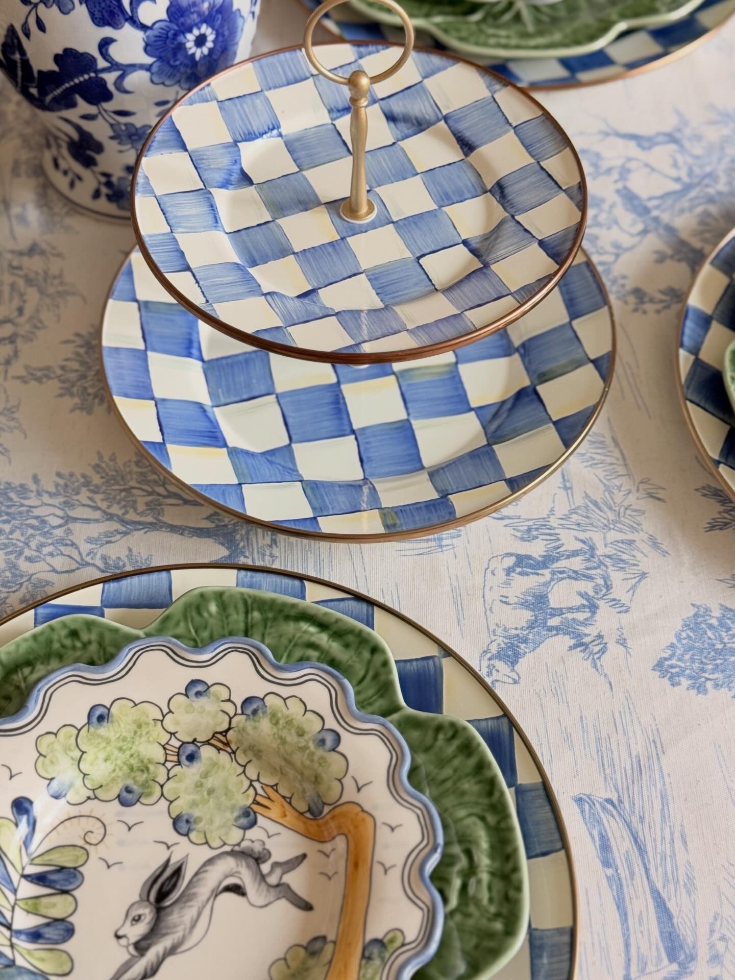 Mackenzie-Childs Blue Check Tiered Stand | Handcrafted with Authentic Plates | Two-Tier Serving Stand for Entertaining
