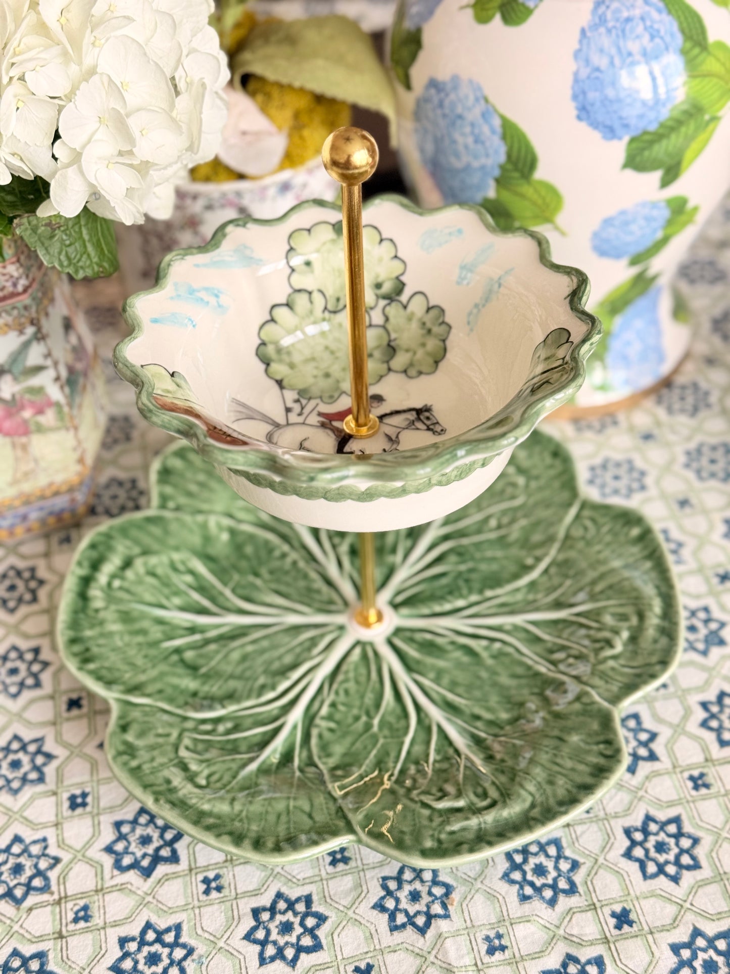 C.E. Corey Perfect Day Bowl & Bordallo Cabbage Tiered Stand | Green Equestrian Serving Stand