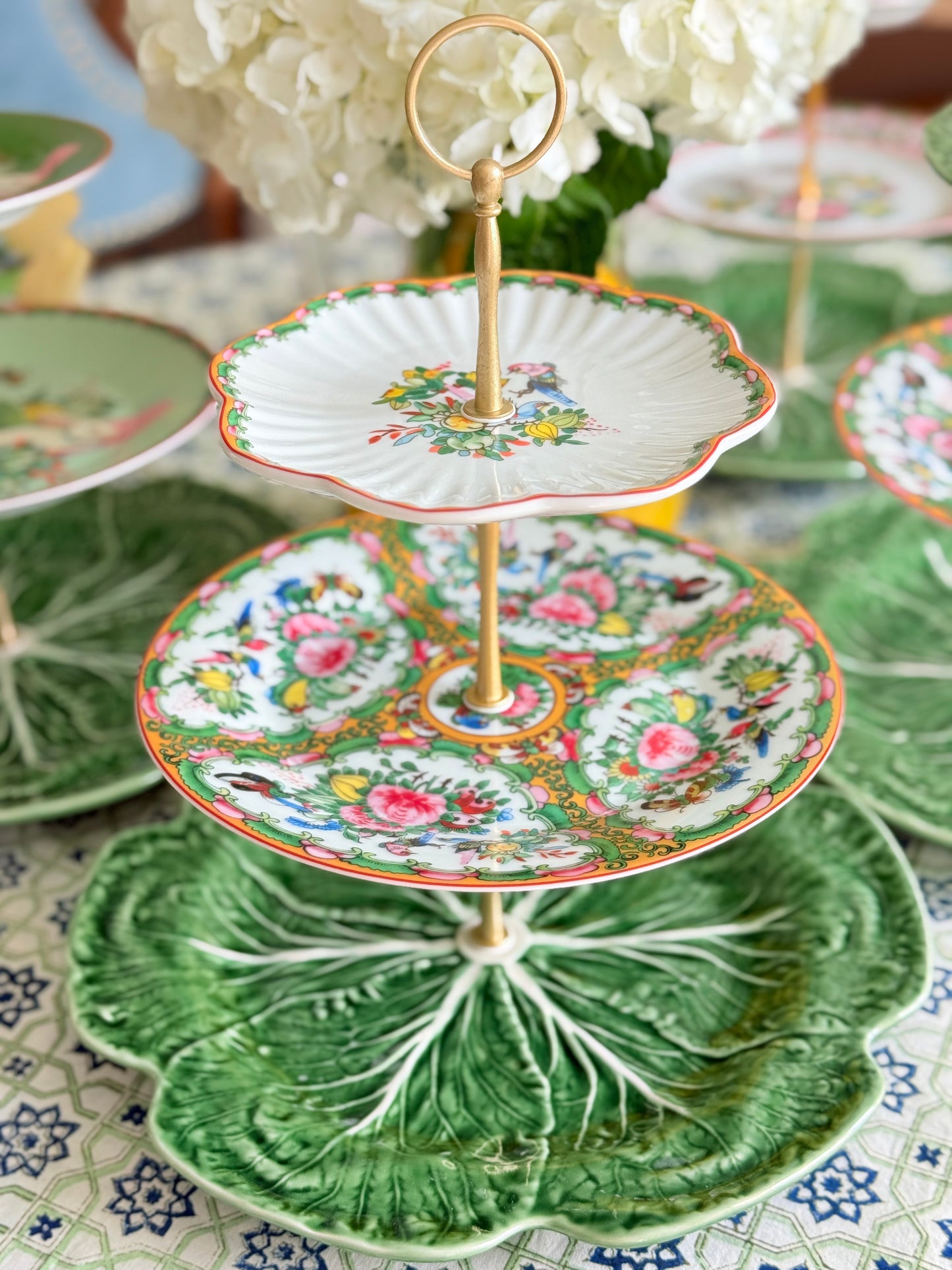 Famille Rose Tiered Stand with Bordallo Pinheiro Cabbage Charger – Handcrafted 3-Tier Serving Stand (12” Base)