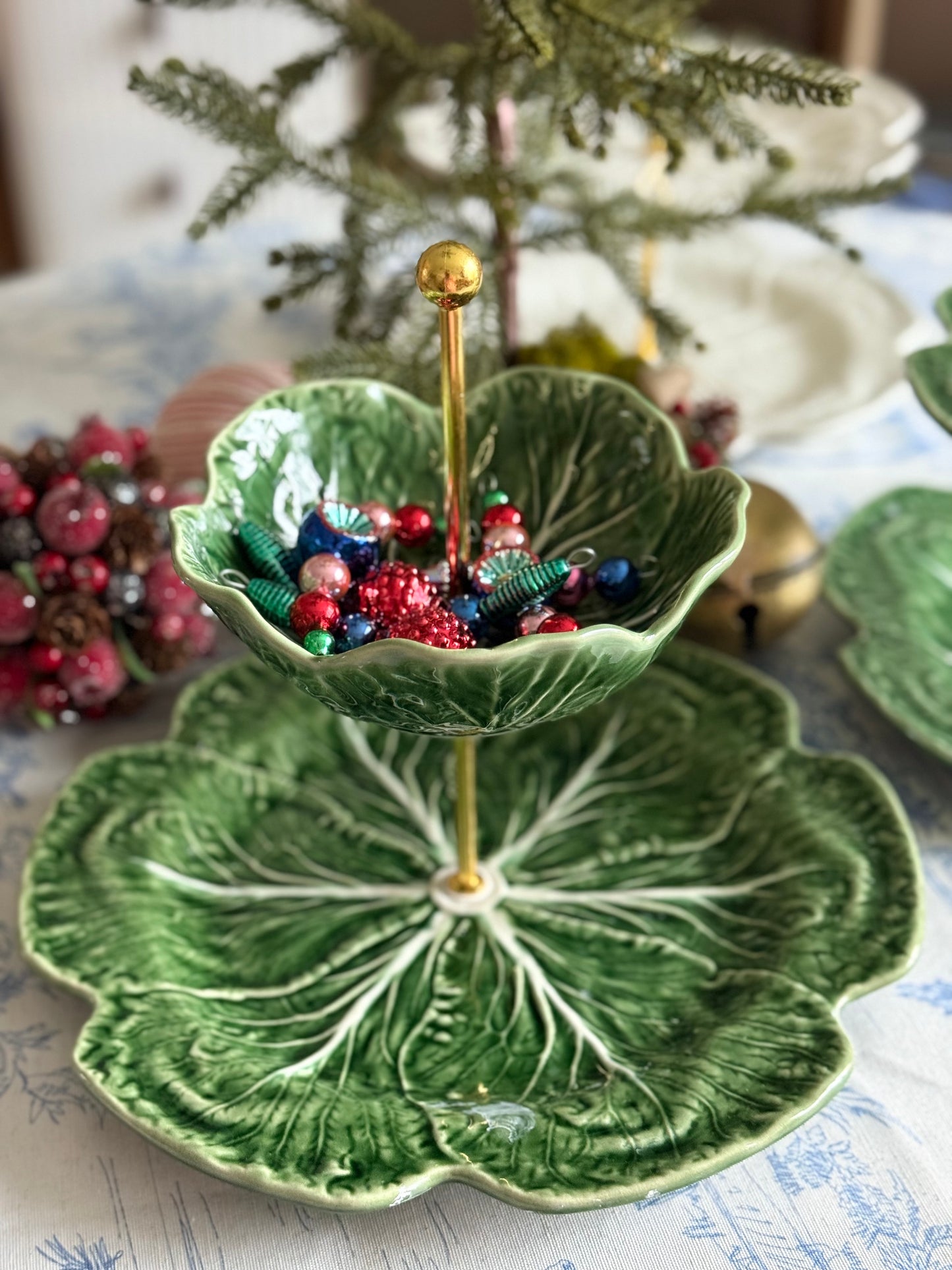Bordallo Pinheiro Cabbageware Tiered Stand – 12” Charger Base with Matching Bowl Top | Handcrafted Serving Stand and Countertop organizer