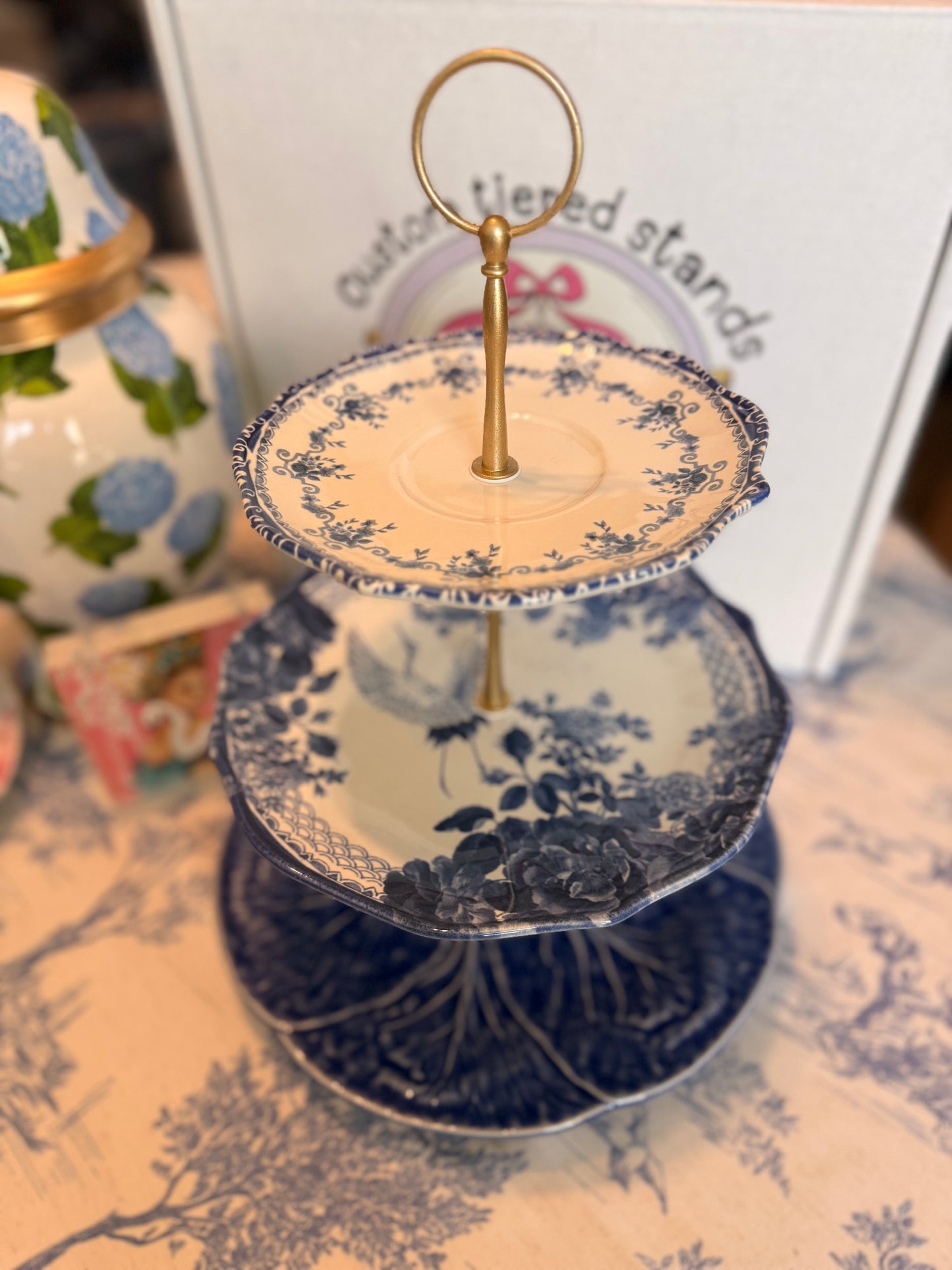 Blue Cabbage and Chinoiserie Three Tiered Stand