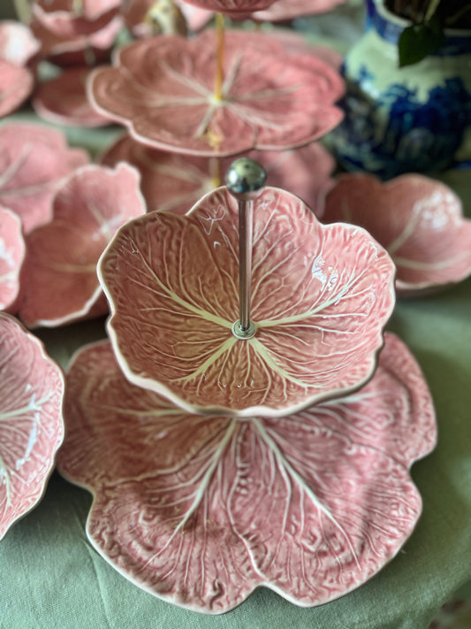 Pink Bordallo Pinheiro Cabbage 2-Tier Stand – 12 Inch Base Plate | Exclusive to Tiers of Joy