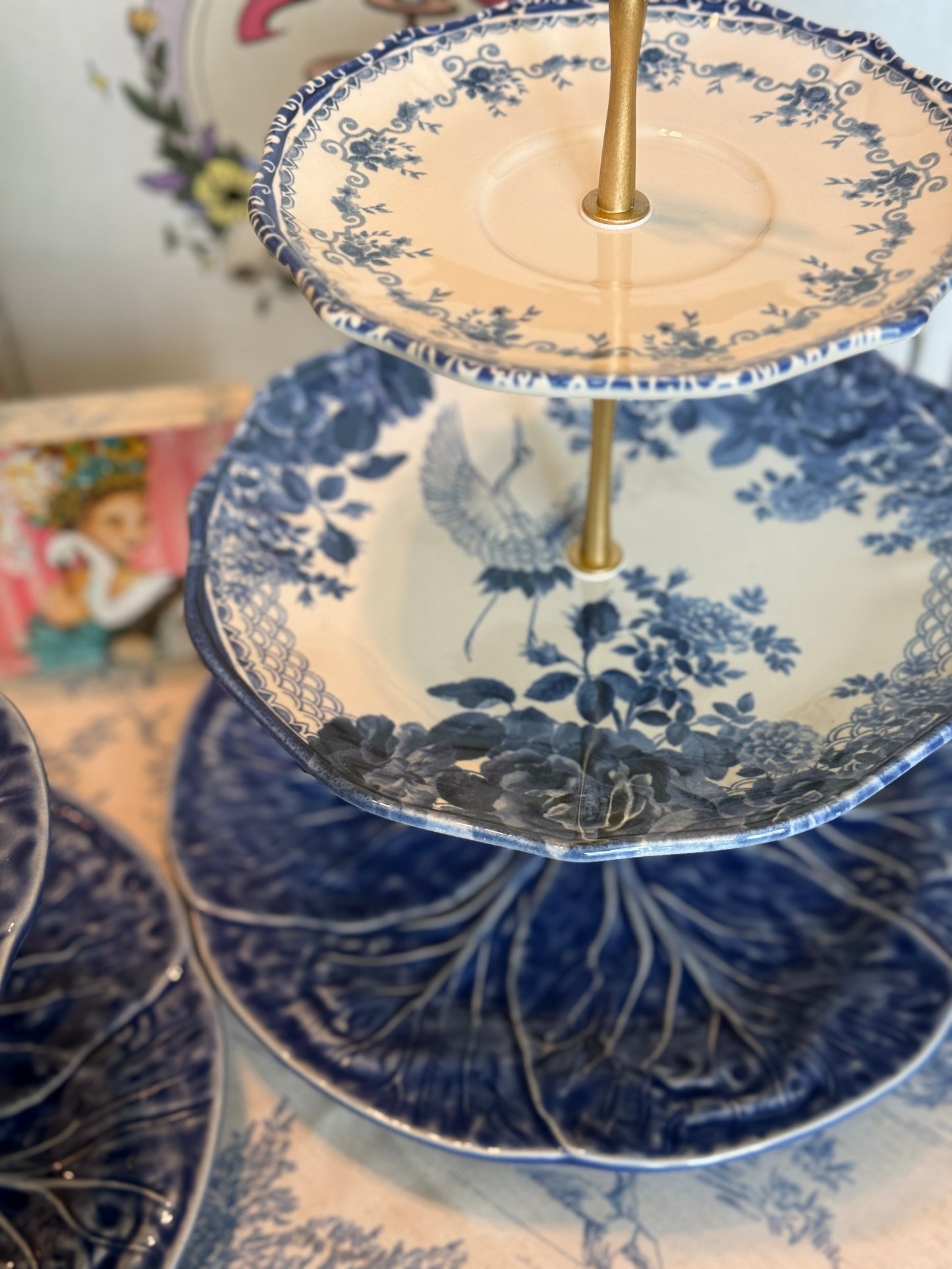 Blue Cabbage and Chinoiserie Three Tiered Stand