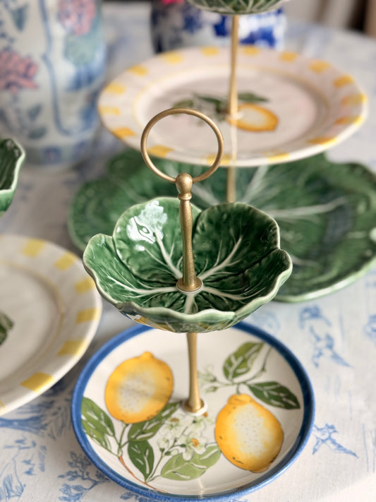 Petite Citron Lemon & Green Cabbage Two-Tiered Stand | 6.5-Inch Base Dessert Stand | Small Tiered Tray for Kitchen Styling & Entertaining