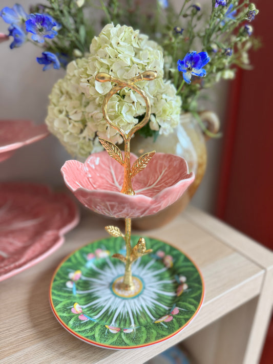 Pink Bordallo Petite Tiered Jewelry Stand with Williams Sonoma Famille Rose Plate