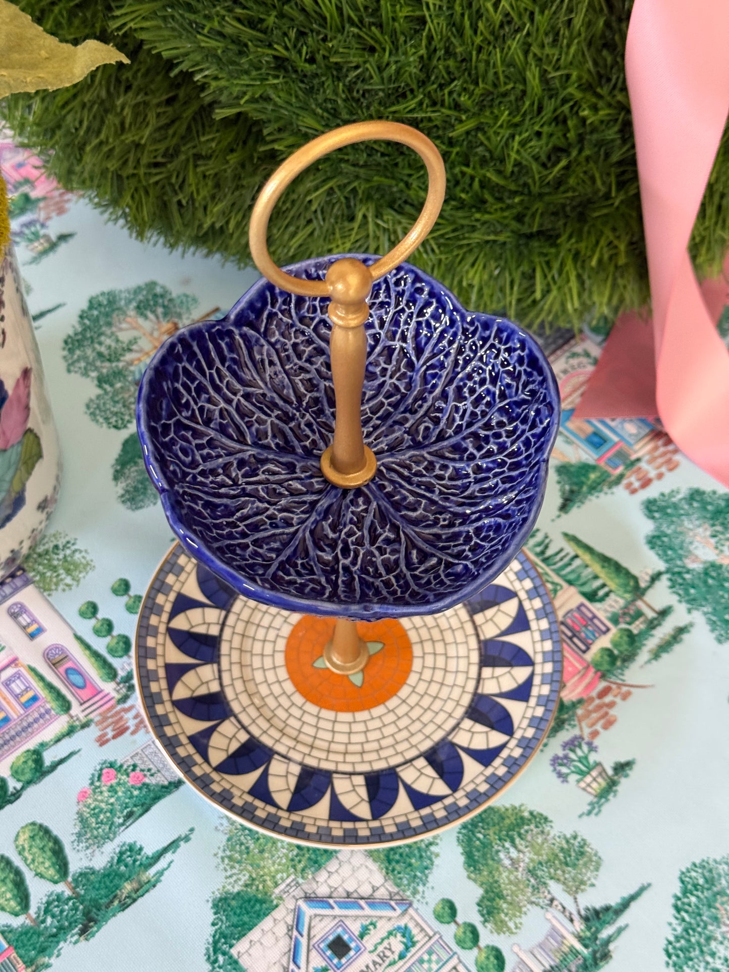 Blue Cabbage and Bistro Tile Petite Tiered Stand