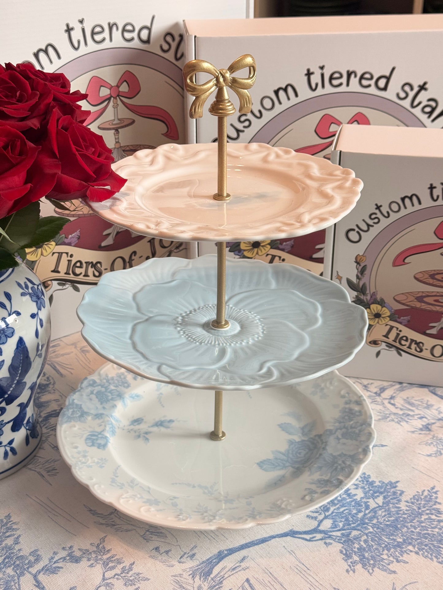 Soft Blues Three-Tiered Stand- LoveShackFancy, Lenox and Anthropologie Bows