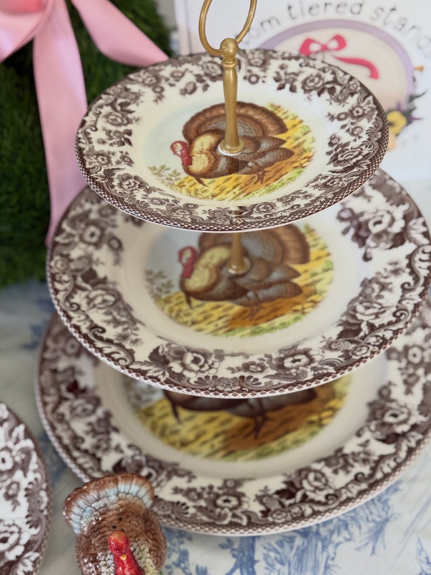 Spode Woodland Turkey Three Tiered Stand – Classic Thanksgiving Serving Piece (12.5” base)