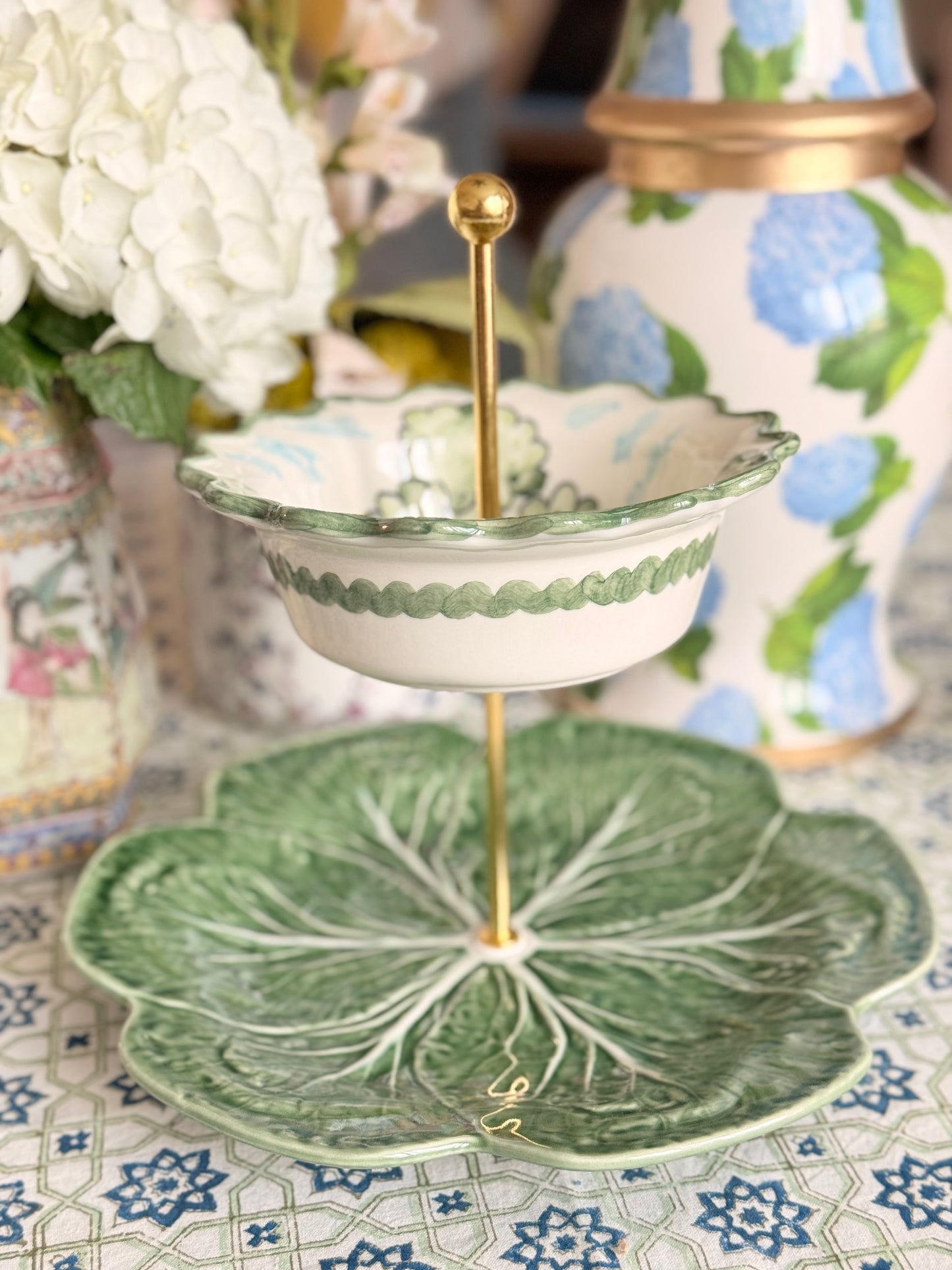 C.E. Corey Perfect Day Bowl & Bordallo Cabbage Tiered Stand | Green Equestrian Serving Stand