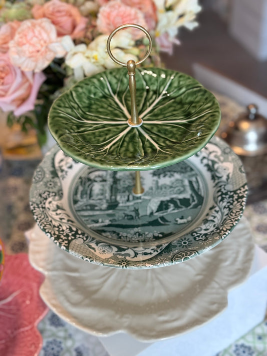 Spode Green Italian and Bordallo Cabbage Three Tiered Stand (12 inch base)