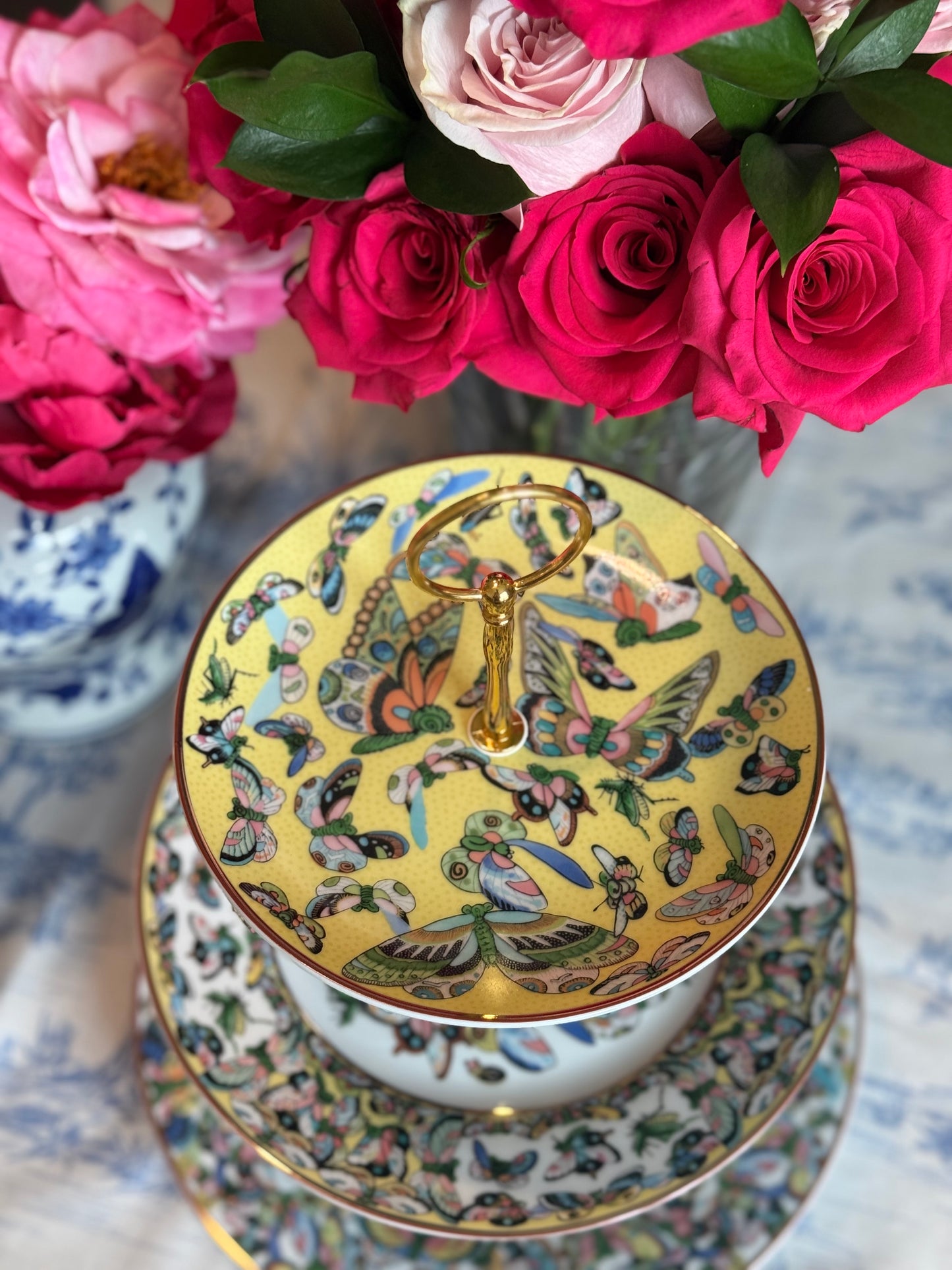 Williams Sonoma Papillon Three-Tiered Stand Inspired by Chinese Export “Thousand Butterflies” Porcelain- Yellow