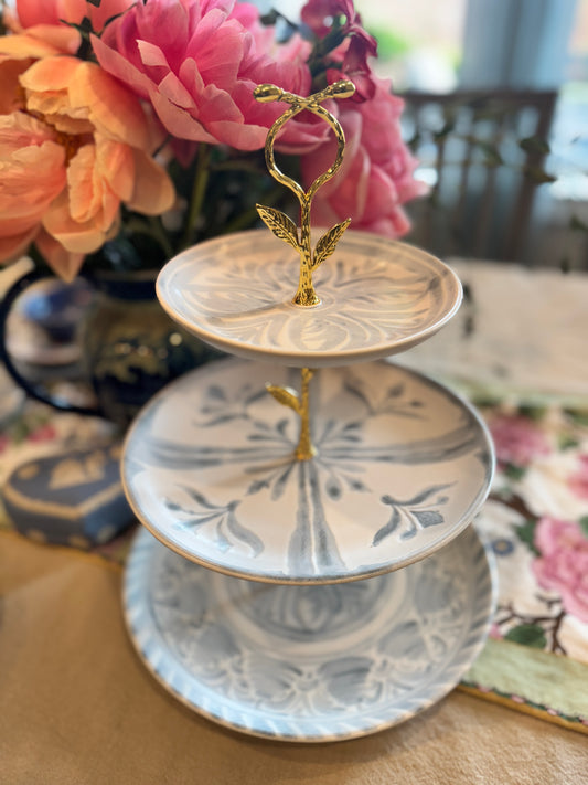 Chambray Tile Tiered Stand – Elegant Blue and White Ceramic Three-Tier Serving Tray