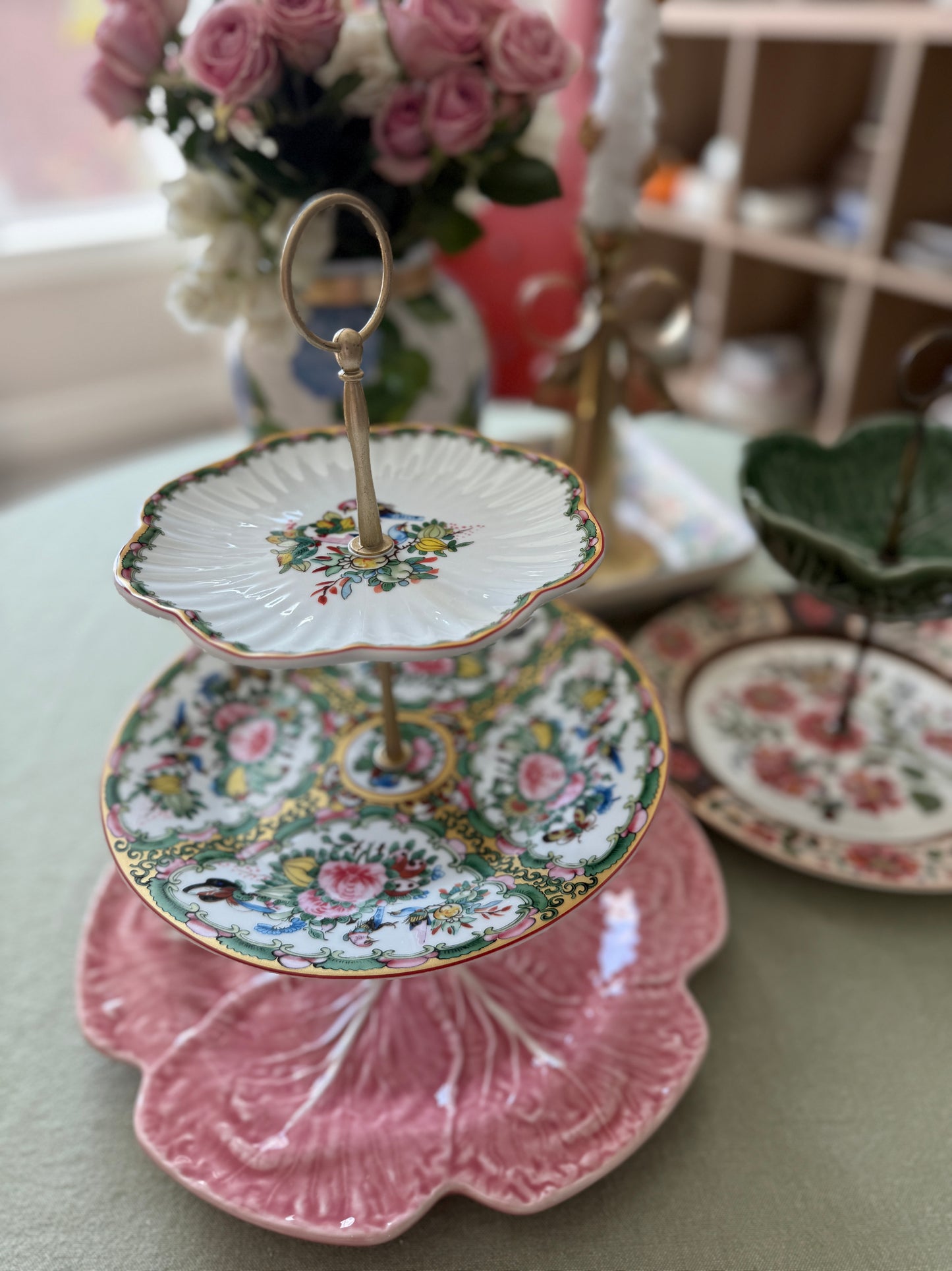 Famille Rose and Bordallo Pink Cabbage Three Tiered Custom Stand