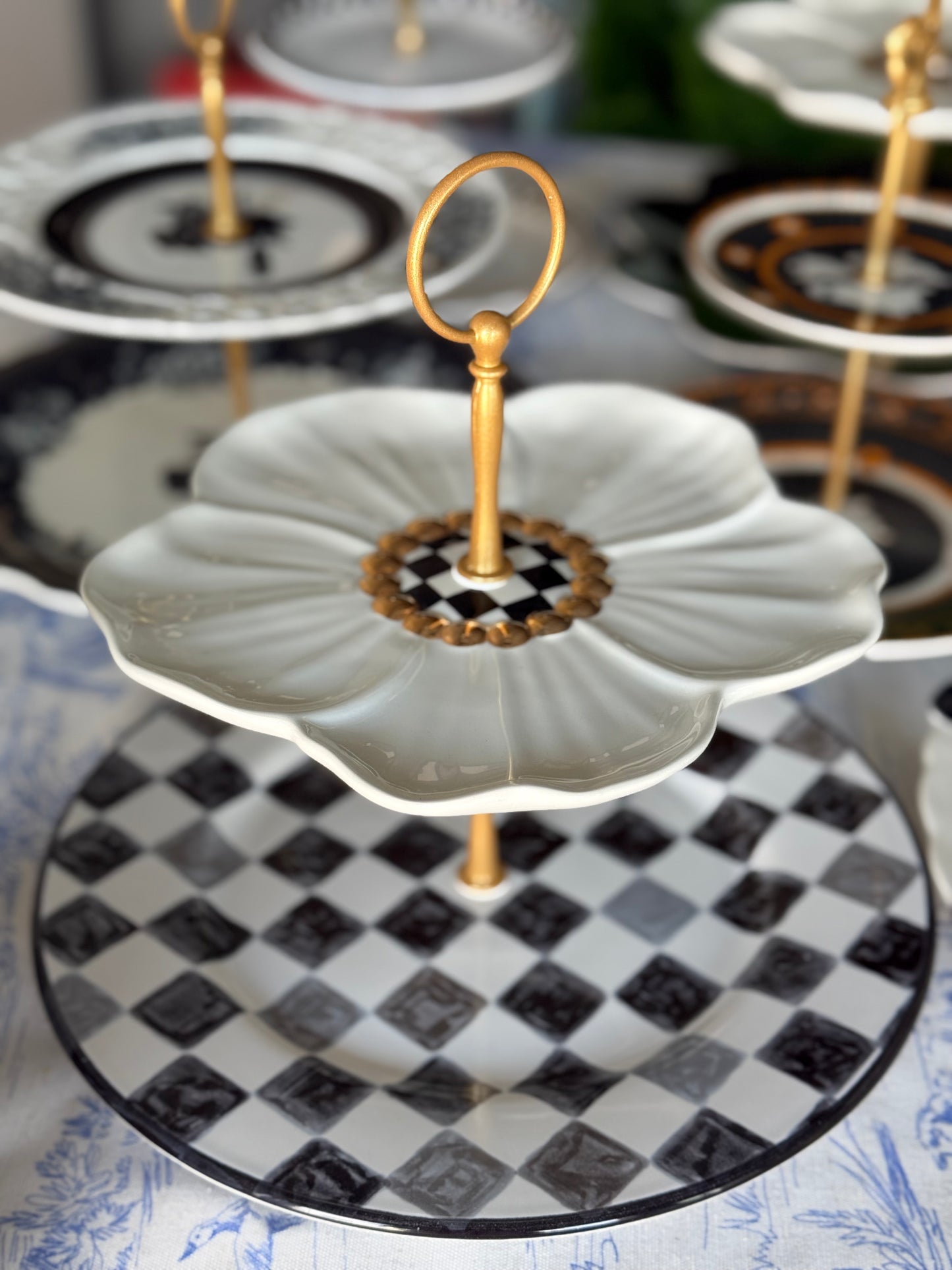 Mackenzie Childs Black Check Two Tiered Stand