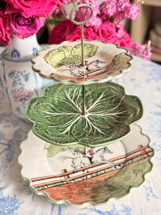 Oversized Equestrian Tiered Stand- CE Corey Perfect Day and Bordallo Cabbage (13.5” Statement Serving Stand)