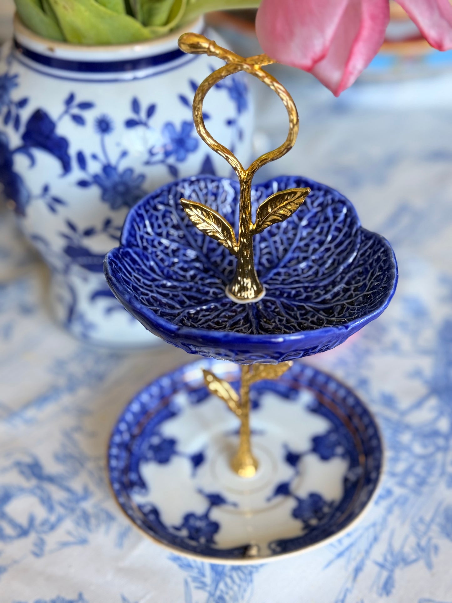 Antique Flow Blue & Blue Cabbage Petite Tiered Stand