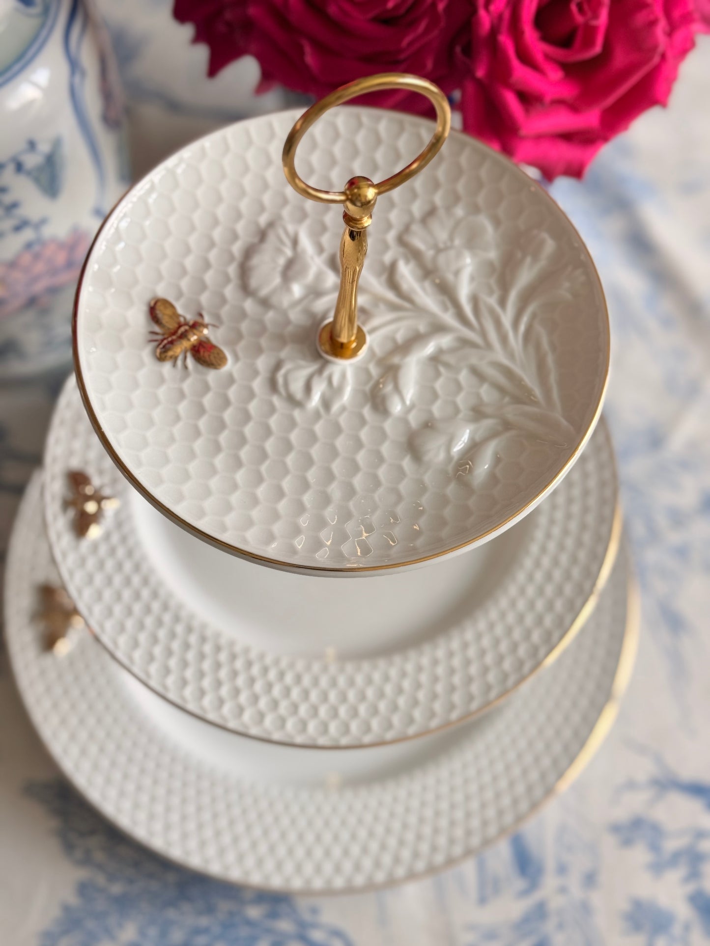 White Honeycomb Bee 3-Tiered Stand with Gold Hardware | Elegant Neutral Dessert Stand for Tea Parties, Bridal Showers & Entertaining