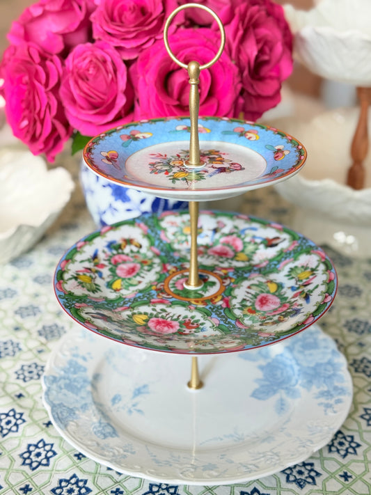 Famille Rose and Blue LoveShackFancy Three Tiered Stand